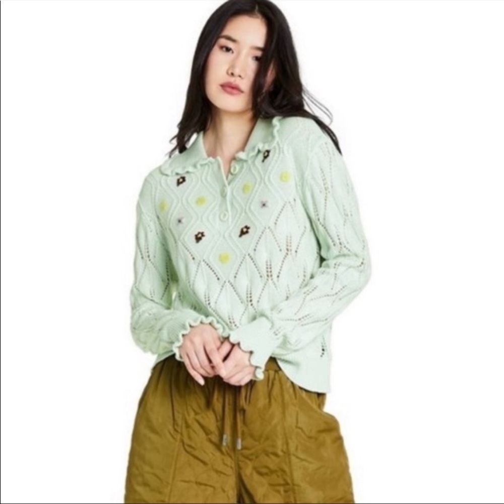Sandy Liang x Target light green sweater with flower embroidery peter pan collar